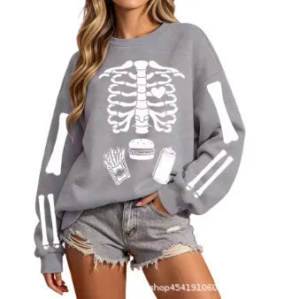 Halloween Skeleton Food Print Crew Neck Sweatshirt
