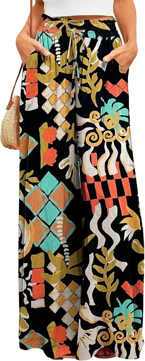 Boho Geometric Leaf Print Drawstring High Waist Non-Stretch Chiffon Loose Wide Leg Long Casual Pants