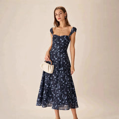 Sweetheart Cap Sleeve Allover Floral Print High Waist Split Midi Dress