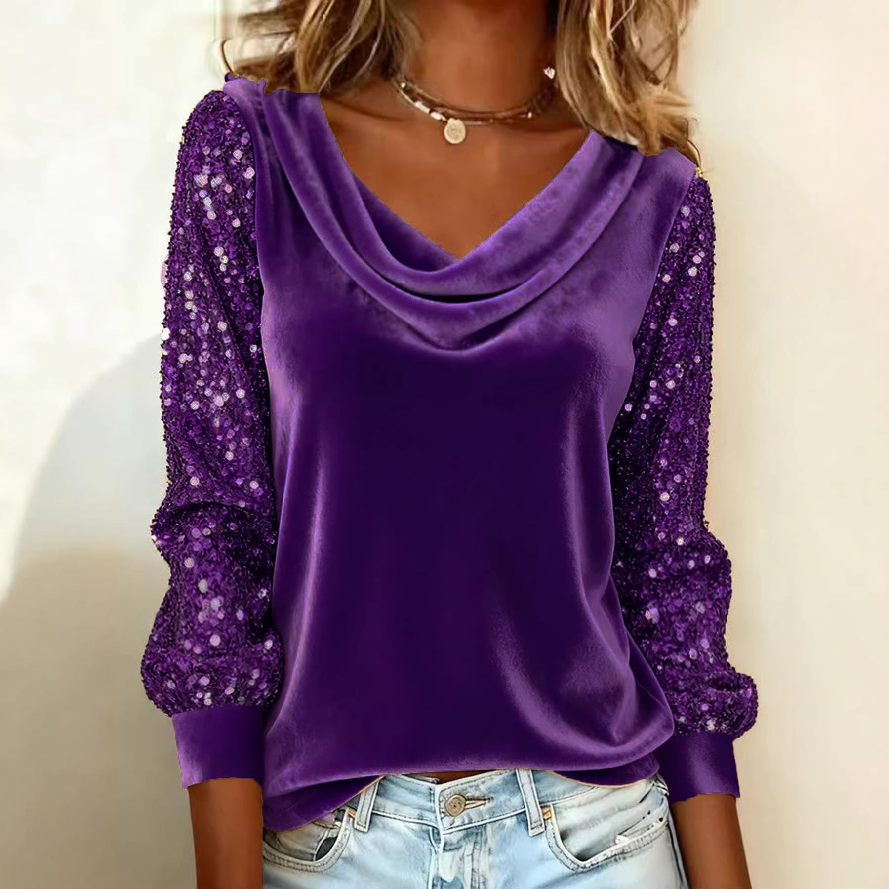 Gold Velvet Sequin Sleeve Cowl Neck Top