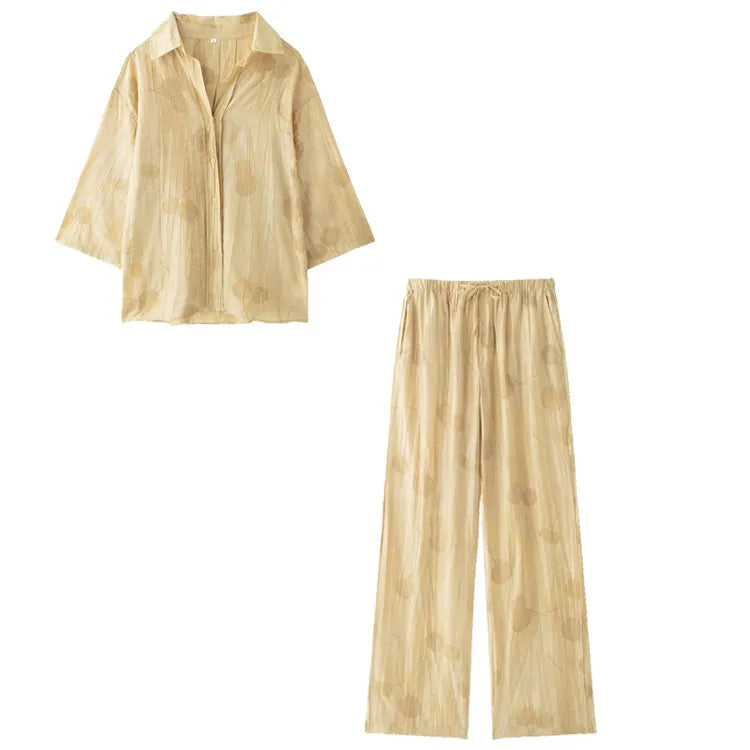 Printed Lapel 3/4 Sleeve Shirt & Wide Leg Long Pants Two Piece Casual Set