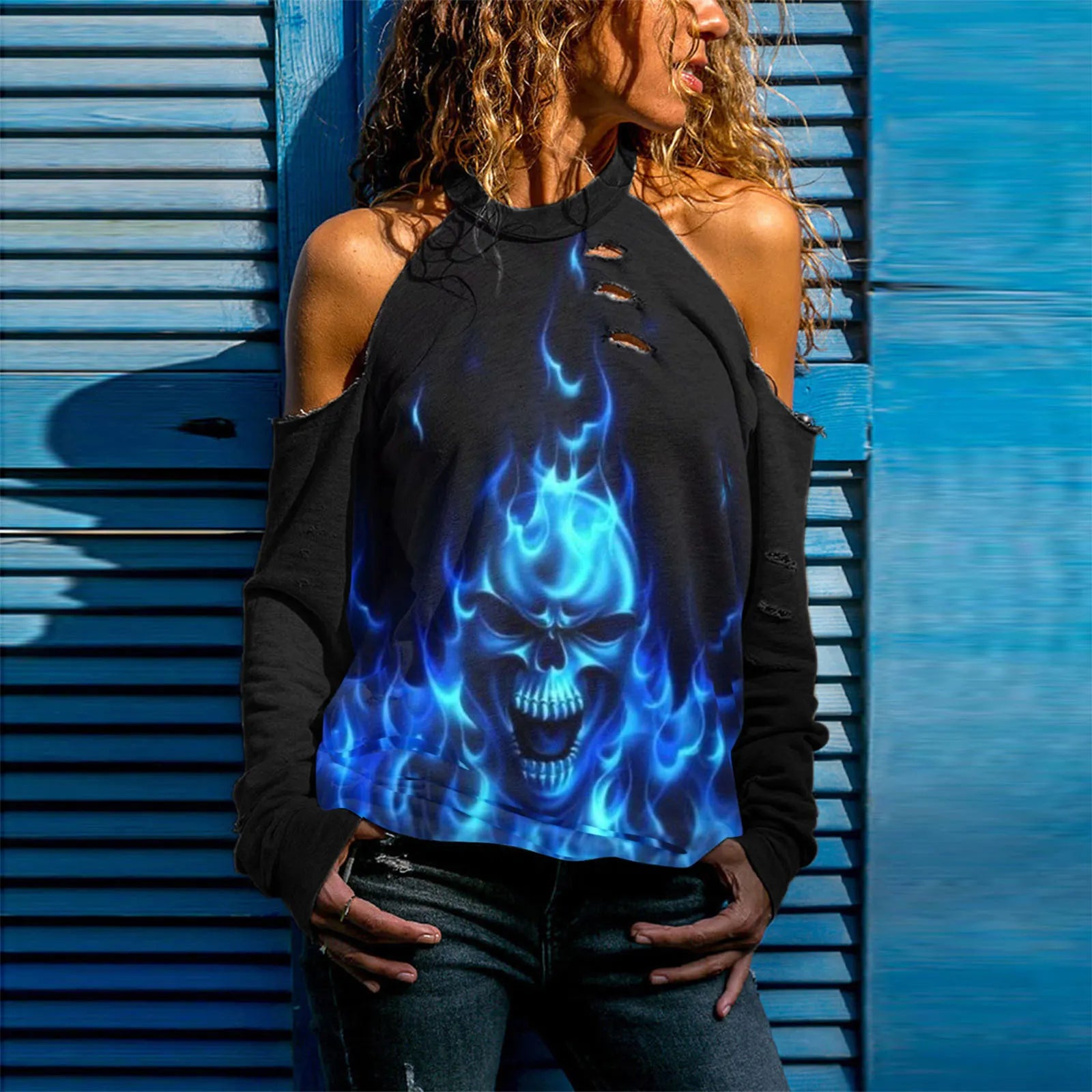 Halloween Skull Print Cold Shoulder Distressed Sweatshirt