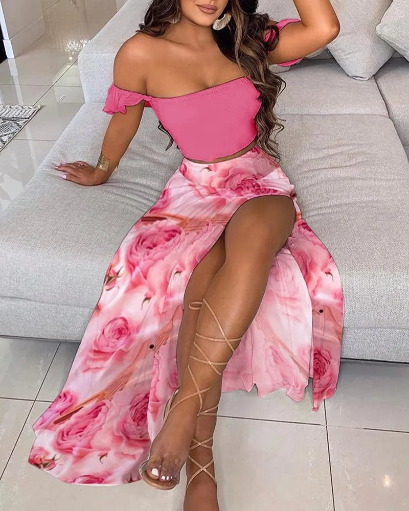 Off Shoulder Ruffle Crop Top & Floral Print High Slit Maxi Skirt 2 Piece Outfit Set