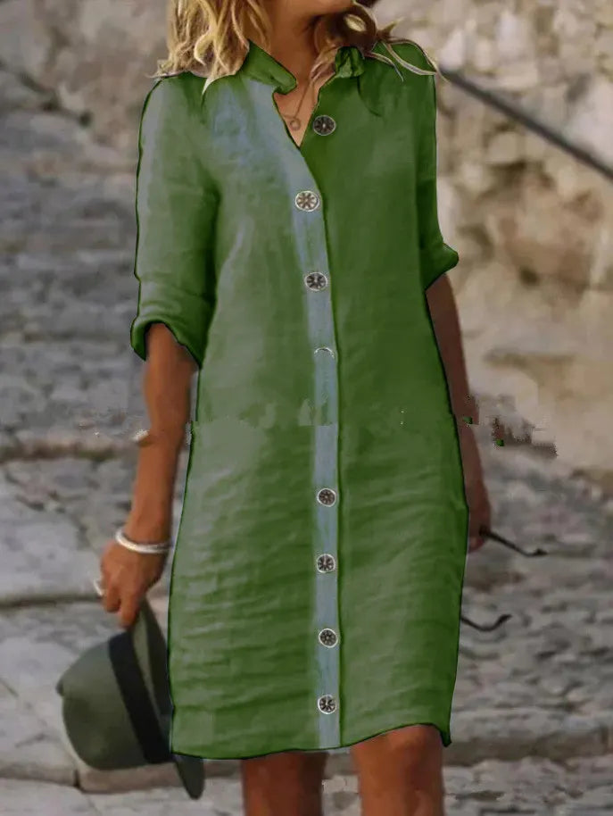 Cotton Linen Button-Front Shirt Dress