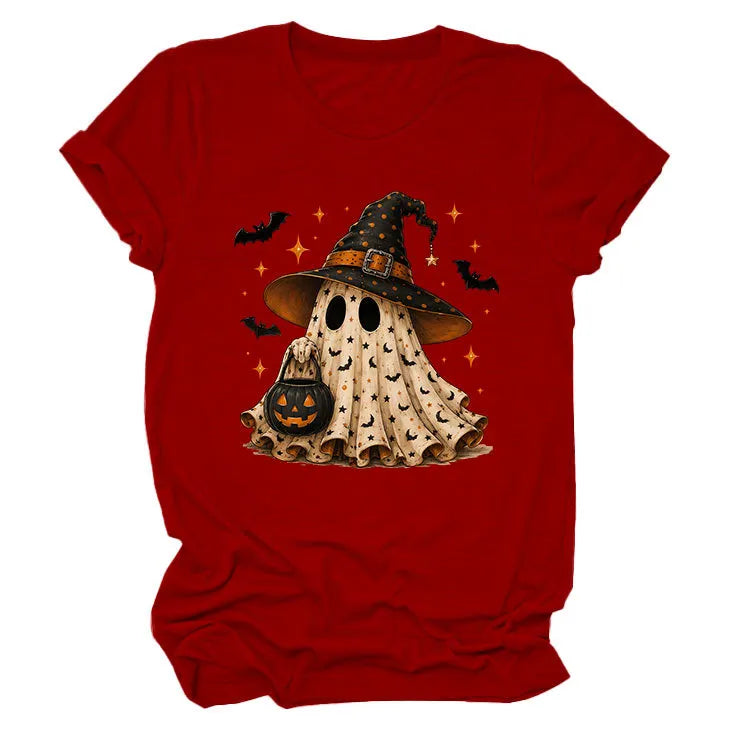 Halloween Ghost Witch Bat Print Crew Neck Short Sleeve T‑Shirt