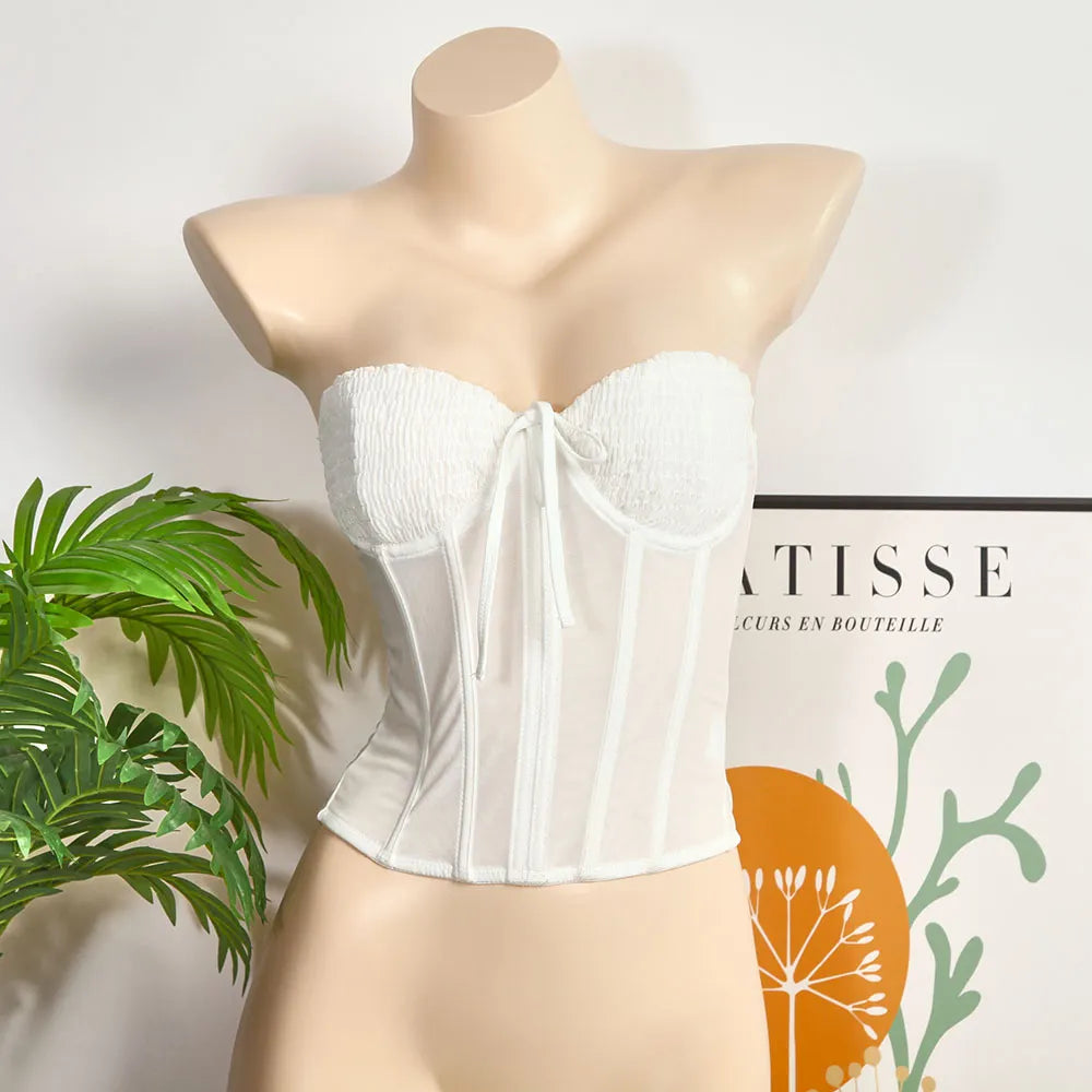 Strapless Smocked Front Bow Mesh Corset Tube Top