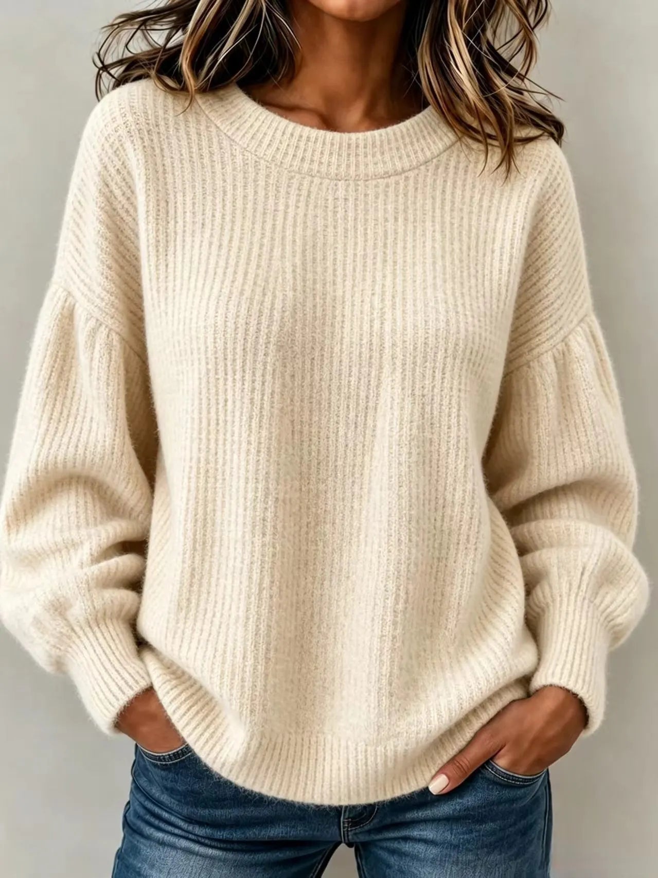 Balloon Sleeve Ribbed Hem Casual Knit Top