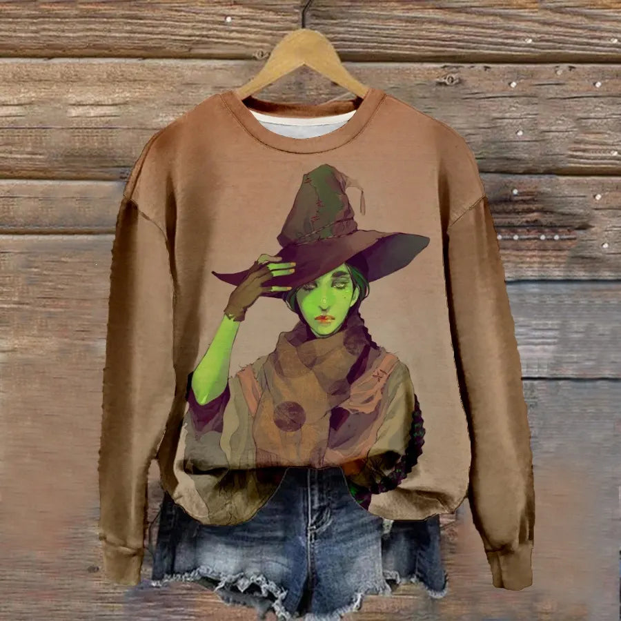 Halloween Witch Pumpkin Print Crew Neck Sweatshirt