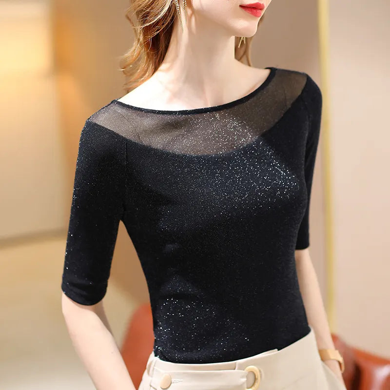 Sparkly Glitter Knit Half Sleeve Fitted Blouse