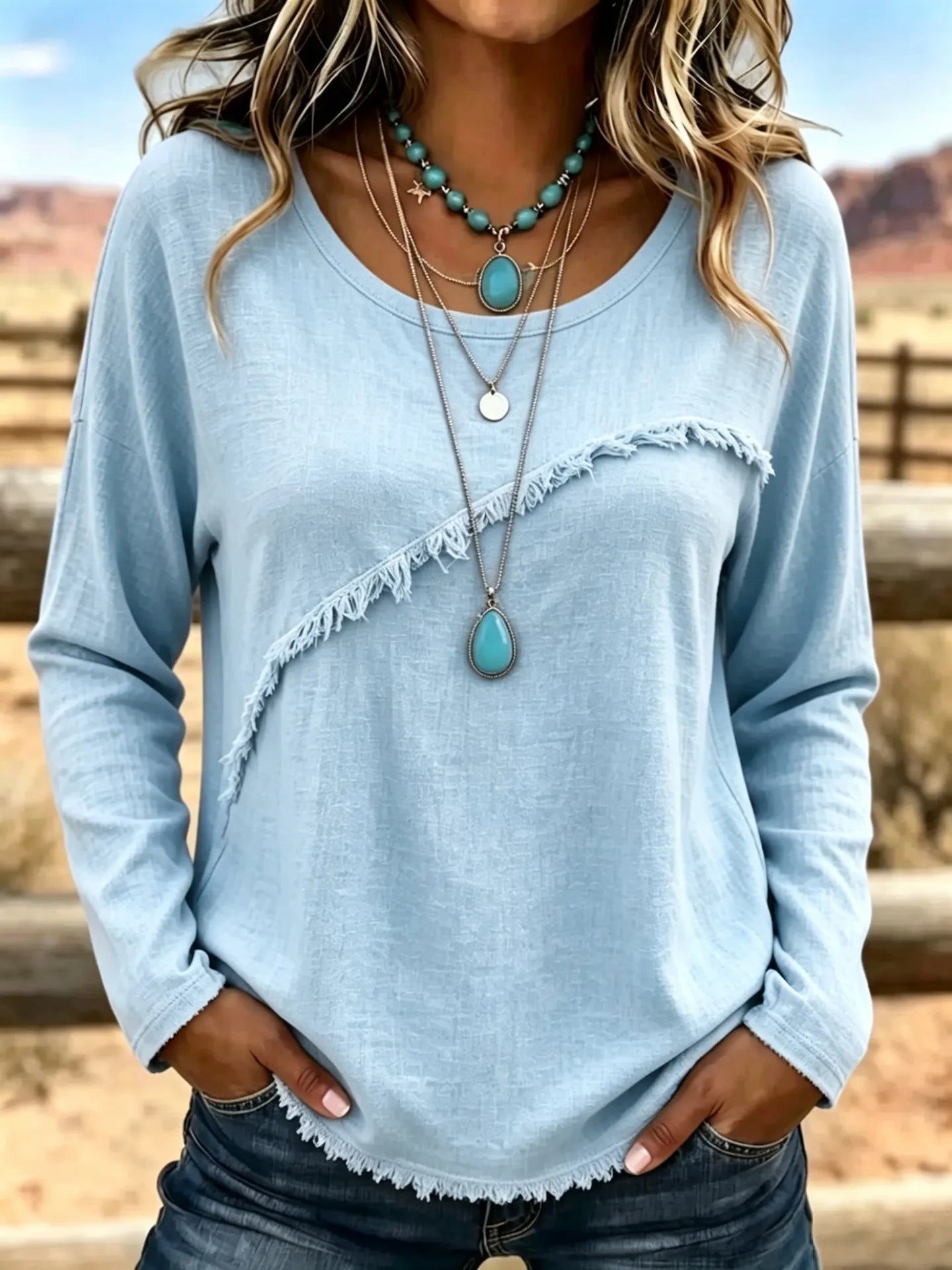 Crew Neck Diagonal Fringe Spliced Long Sleeve Polyester Casual Top