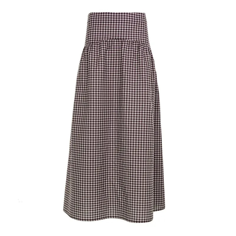 Gingham Plaid Elastic Waist Midi Flared Skirt