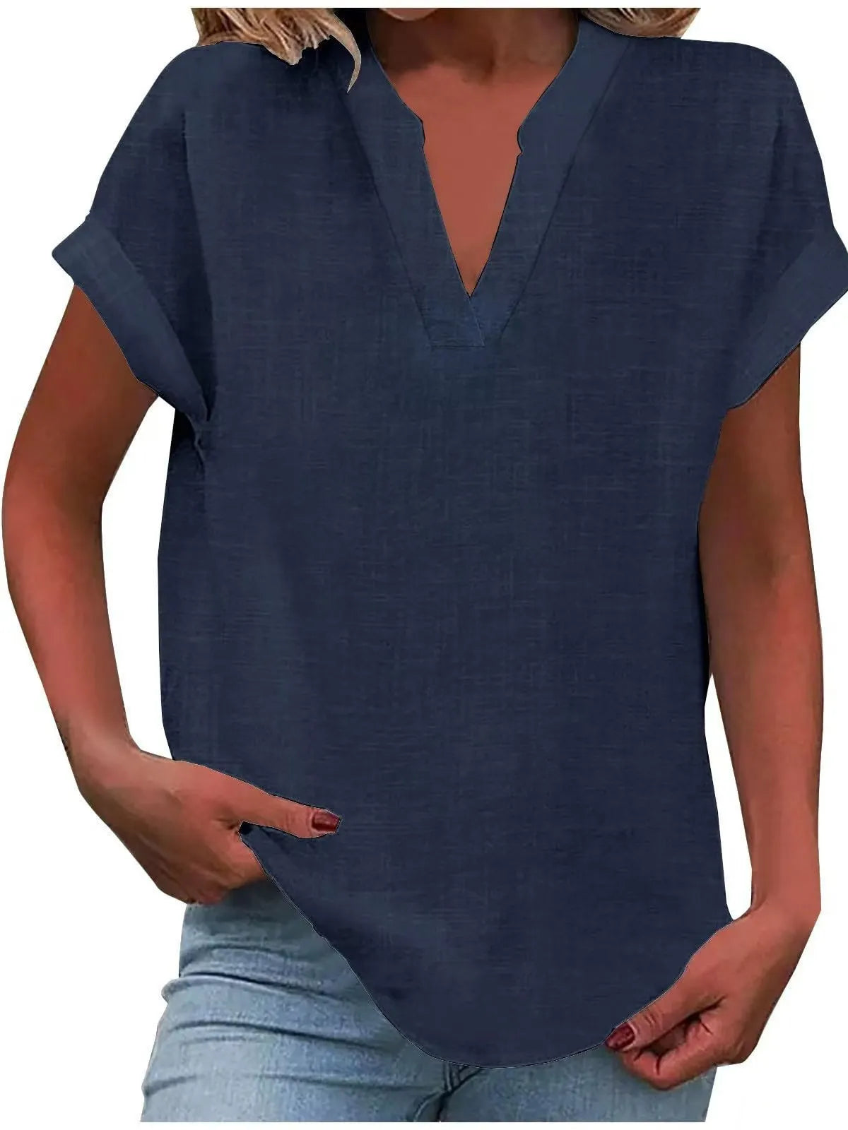 Notched V Neck Cuffed Short Sleeve Loose Cotton Linen Blouse