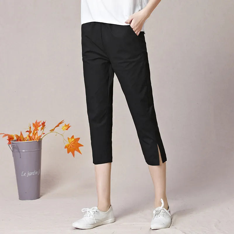 Mid Waist Elastic Waist Split Hem Straight Cropped Commuter Casual Pants
