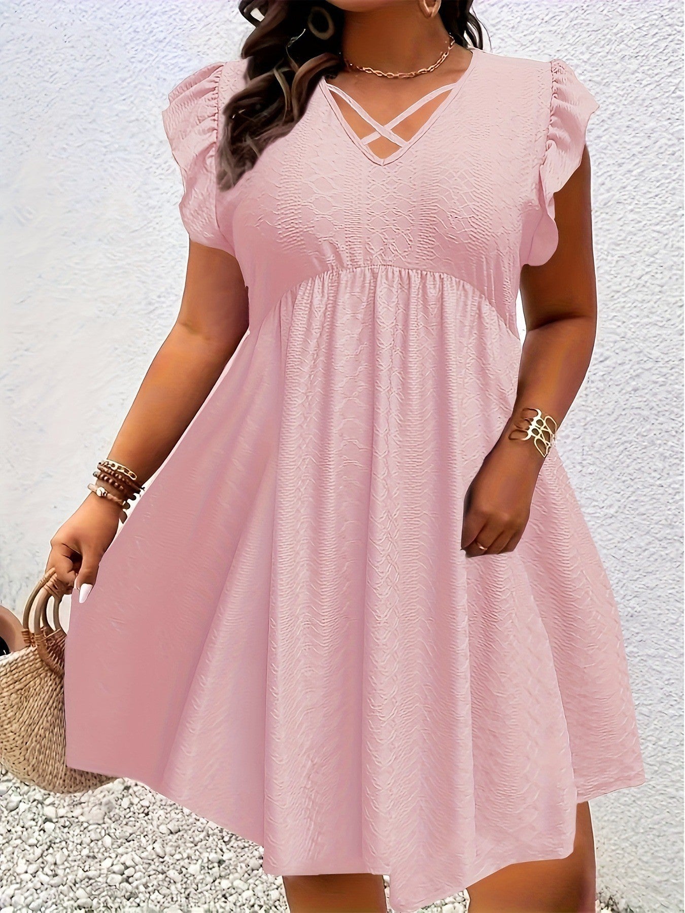 Burgundy V-Neck Ruffle-Sleeve A-Line Midi Dress