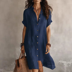 Lapel Short Sleeve Single Breasted Loose Cotton Linen Shirt Midi Dress