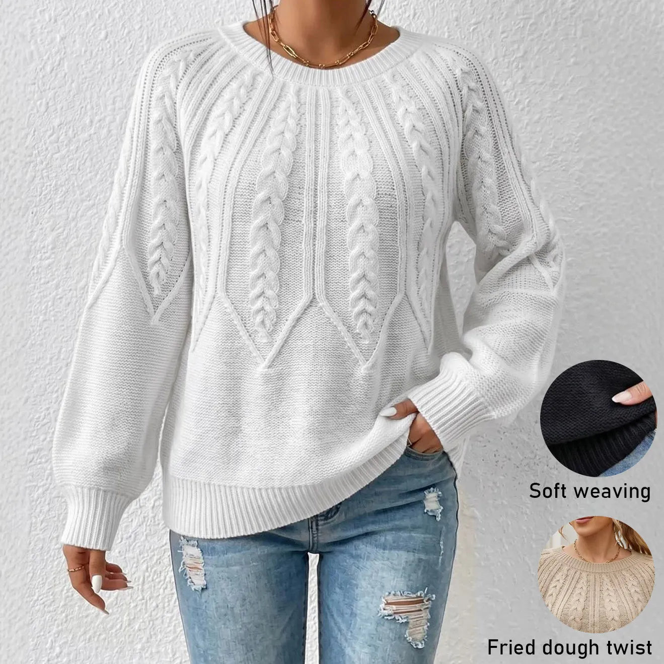 White Cable Knit Crew Neck Sweater Oversized Long Sleeve Pullover Jumper