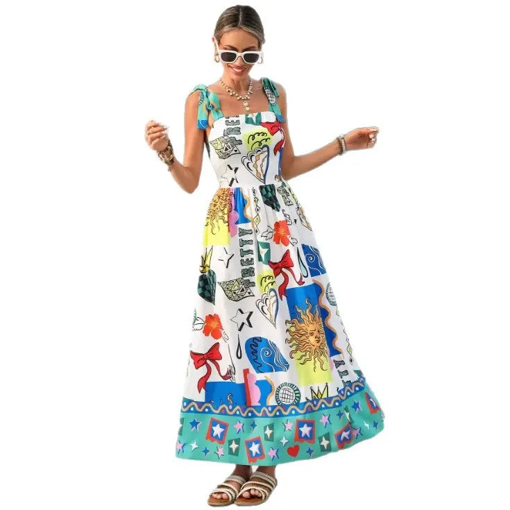 Tie Bow Spaghetti Strap Allover Mediterranean Floral Print Elastic Waist Flowy Midi Dress
