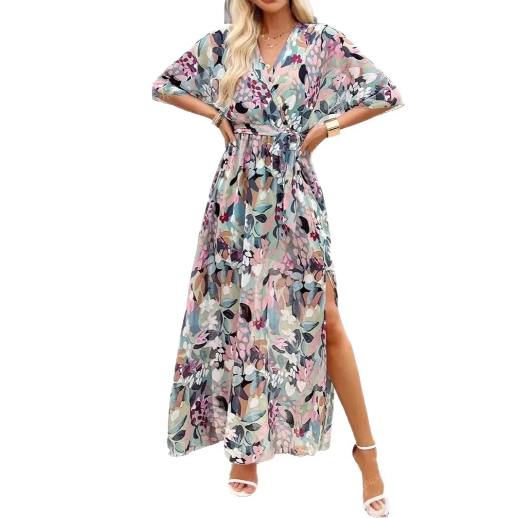 V-Neck 3/4 Sleeve Floral Print High Waist Split Maxi Dress