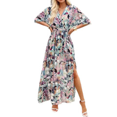 V-Neck 3/4 Sleeve Floral Print High Waist Split Maxi Dress