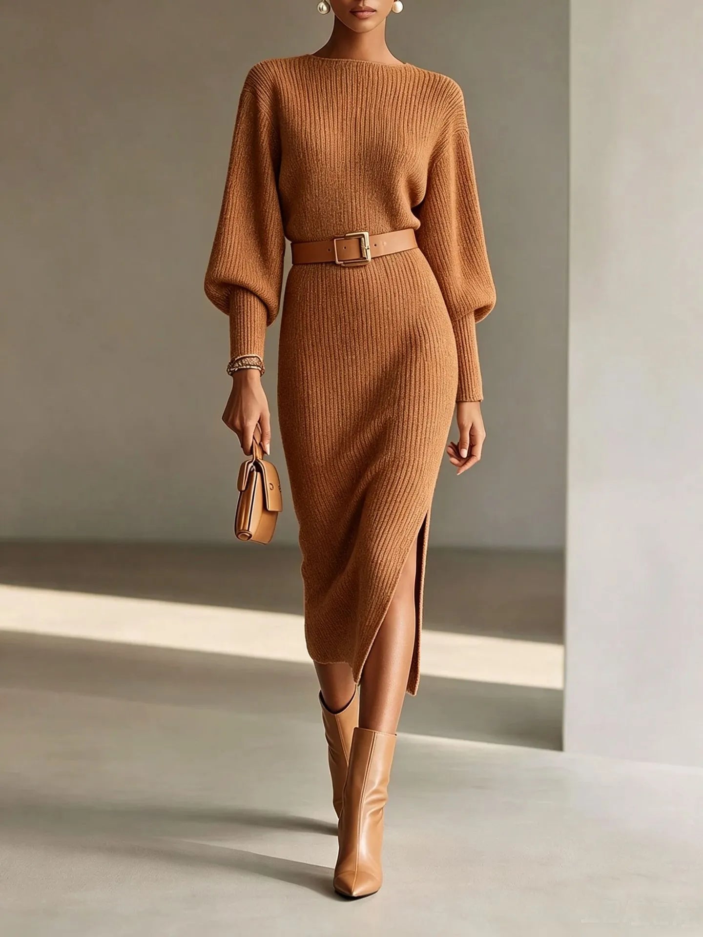 Boat Neck Batwing Sleeve Knit Midi Dress