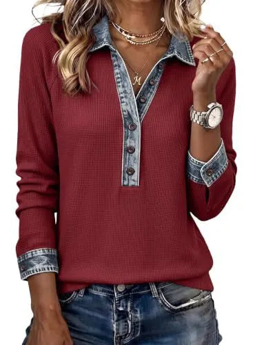 Contrast Denim Trim Half Button V-Neck Long Sleeve Blouse