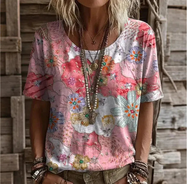 3D Color Block Print V Neck Rolled Short Sleeve Casual Tee