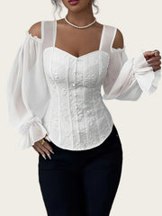 Floral Embroidery Cold Shoulder Puff Sleeve Blouse