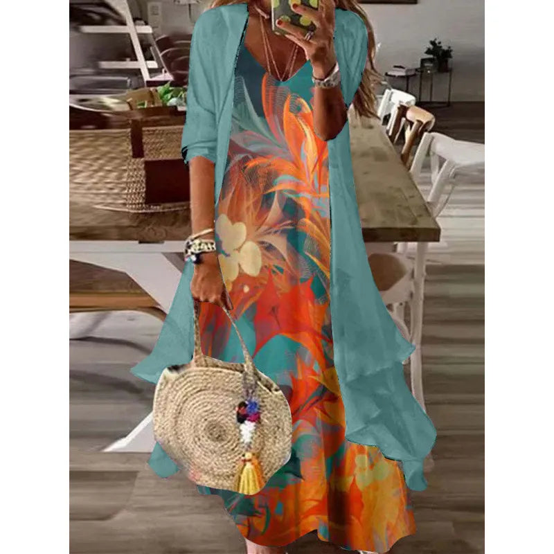 Printed V Neck Cami Long Dress