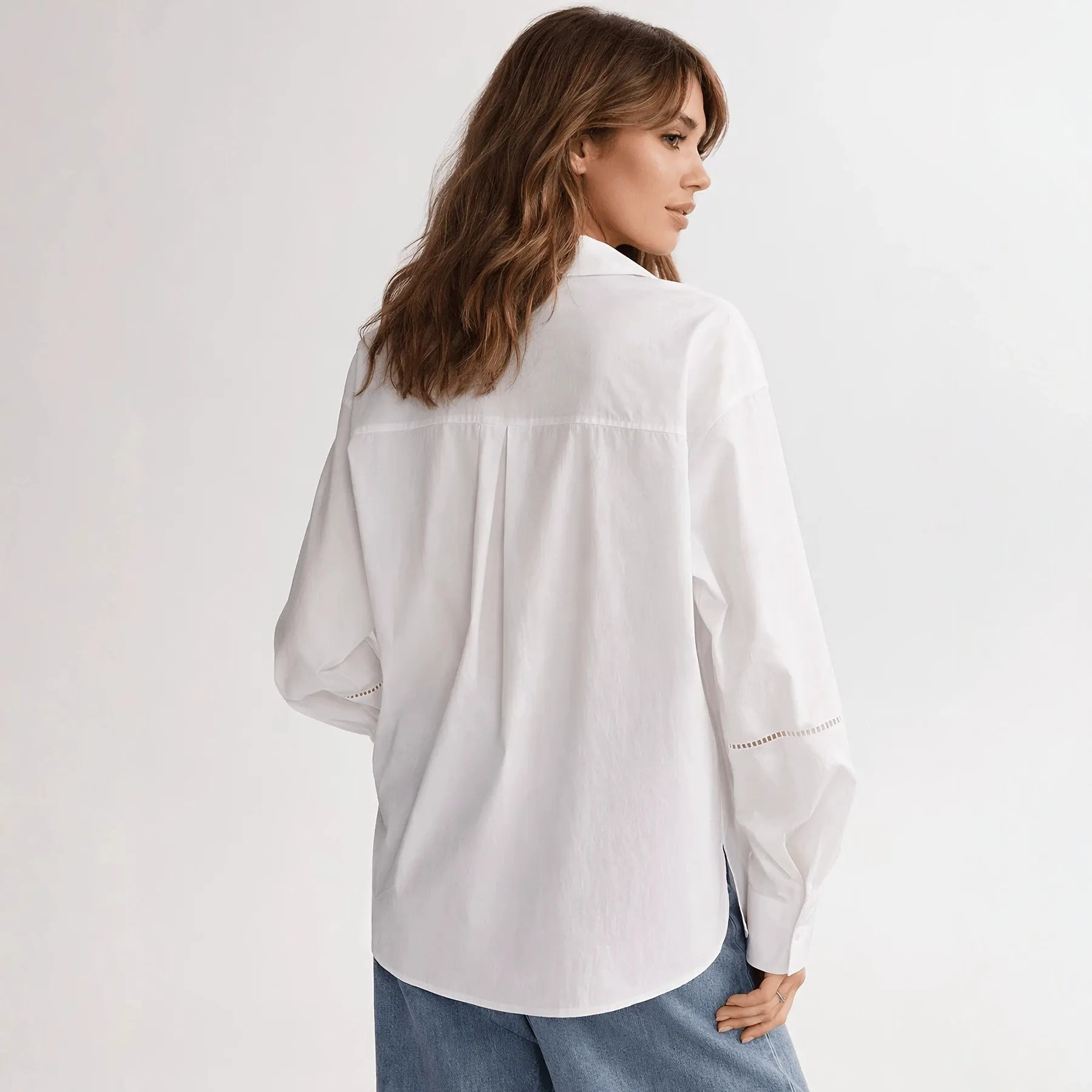 White Floral Embroidery Eyelet Collar Oversized Long Sleeve Cotton Shirt