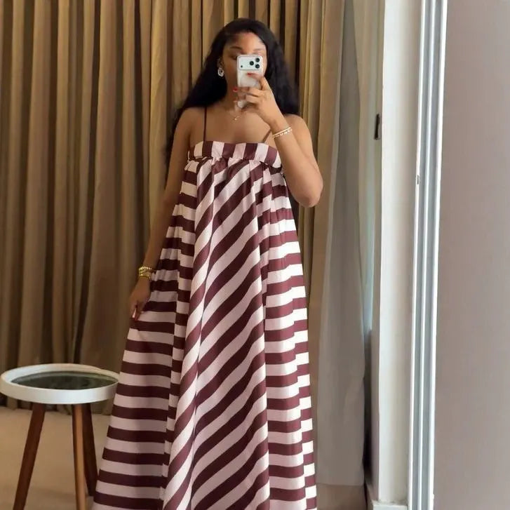 Diagonal Stripe Off Shoulder Spaghetti Strap Maxi Dress Loose Flowy Casual Campus Daily Dress