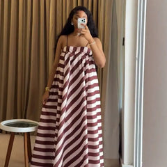 Diagonal Stripe Off Shoulder Spaghetti Strap Maxi Dress Loose Flowy Casual Campus Daily Dress