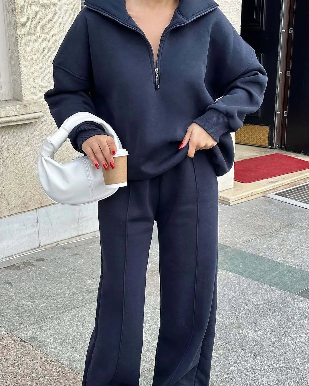 Half Zip Collar Oversized Sweatshirt & Wide Leg Sweatpants 2 Piece Loungewear Set