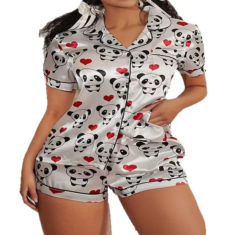 Ladies Plus Size Friendly Satin Pajama Set Cute Panda Heart Pattern Short Sleeve Top & Elastic Shorts Nightwear