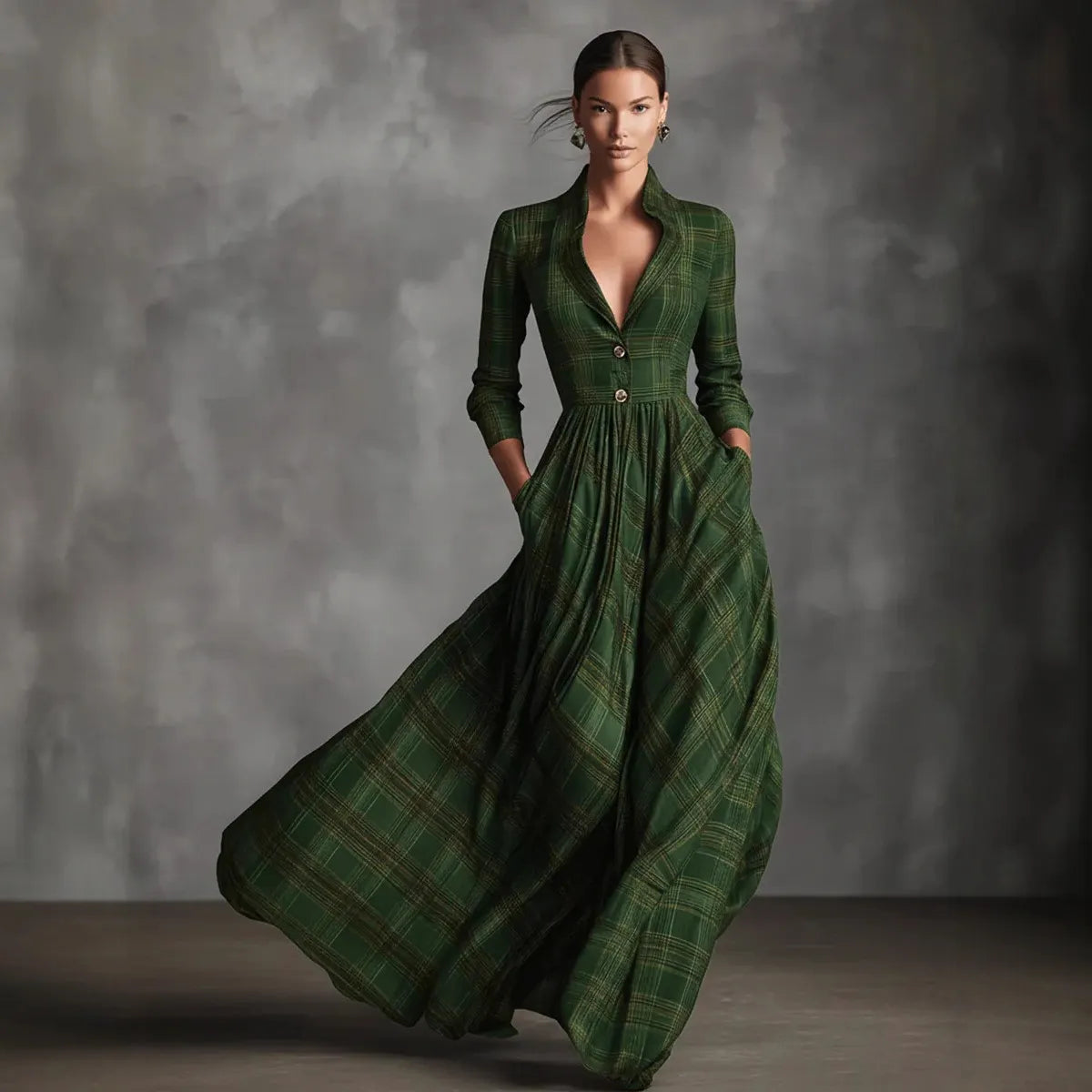 Grey Tartan Plaid Maxi Dress for Elegant V Neck Stand Collar Waist Fit Flare Long Dress