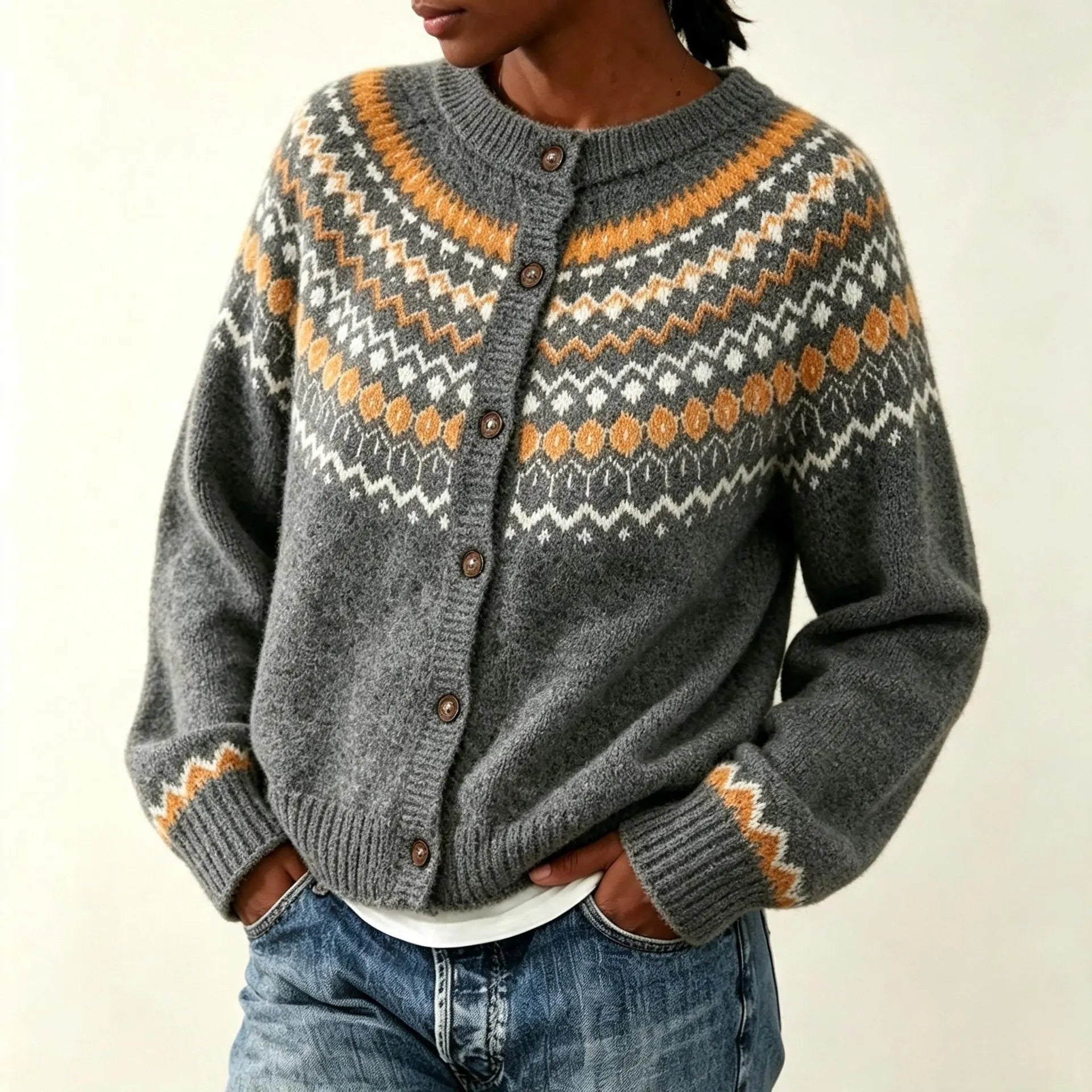Vintage Fair Isle Knit Cardigan Round Neck Button Front Long Sleeve Sweater Jacket