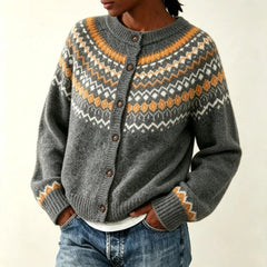 Vintage Fair Isle Knit Cardigan Round Neck Button Front Long Sleeve Sweater Jacket