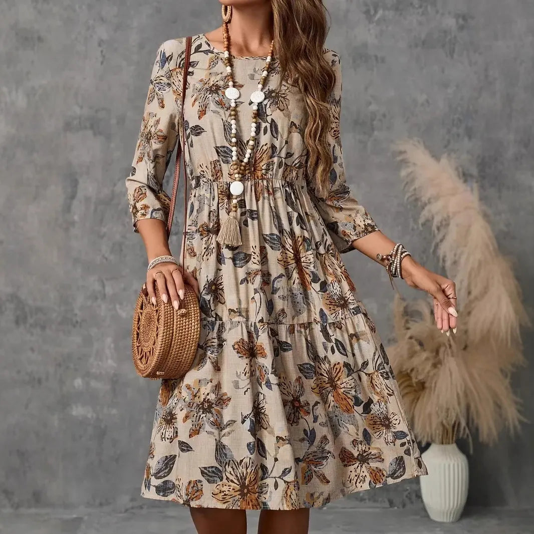 Round Neck All Over Floral Print High Waist Lantern Sleeve A-Line Midi Dress