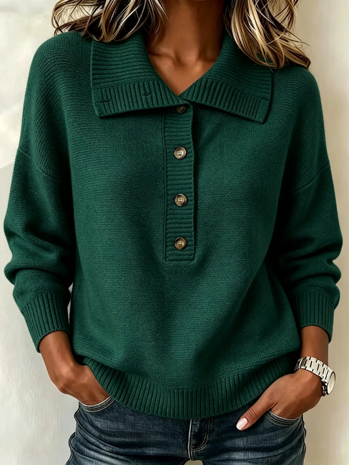 Burgundy Collared Henley Knit Sweater Button Front Long Sleeve Loose Pullover