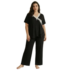 Curvy Ladies 2 Piece Sleepwear, Black Wrap Style Lace Trim Short Sleeve Top & Wide Leg Pants Pj Set