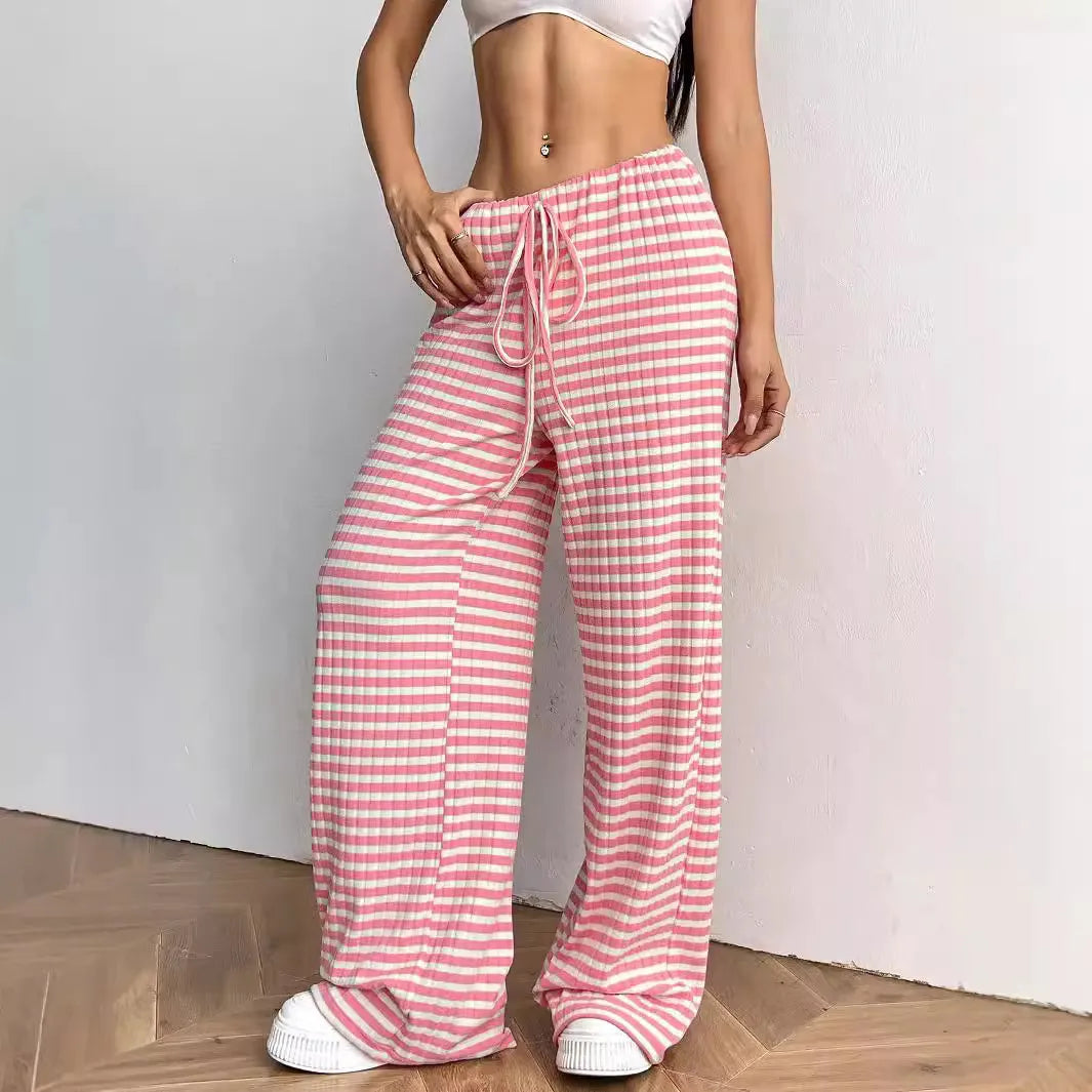 Striped Drawstring Waist Loose Straight Leg Casual Pants
