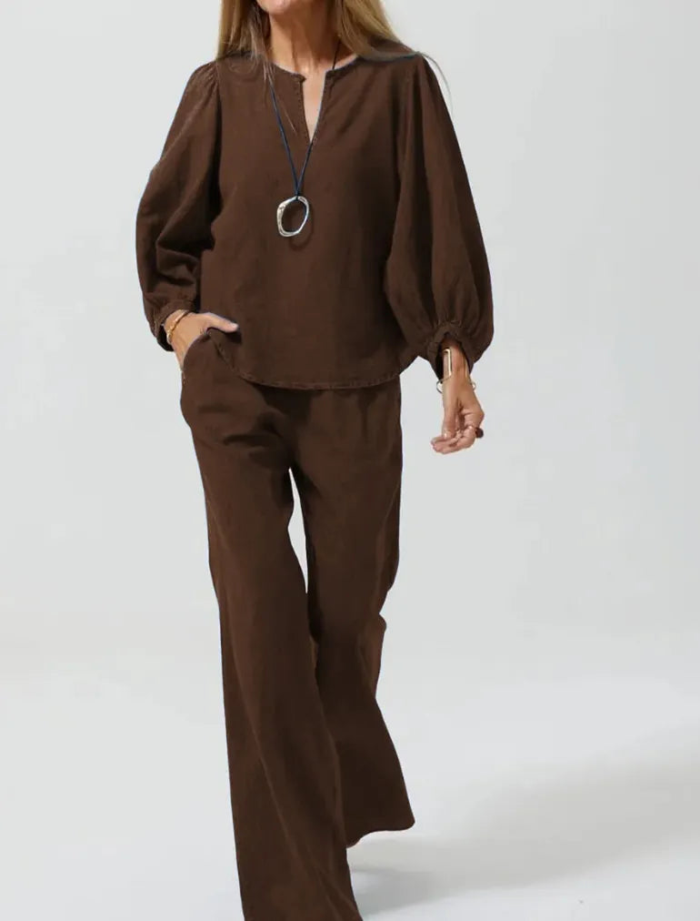 V-Neck Puff Sleeve Top & Wide Leg Pants Solid Two-Piece Casual Set