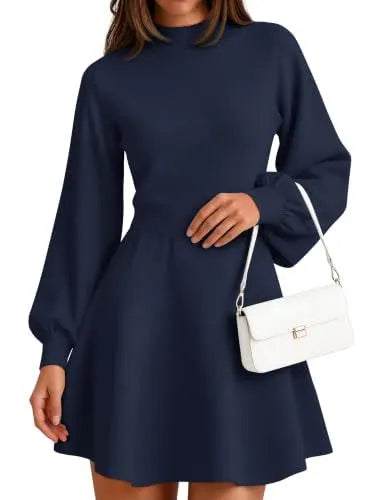 Elegant Mock Neck Knit Dress, Puff Sleeve A-line Mini Dress for Autumn Outfit
