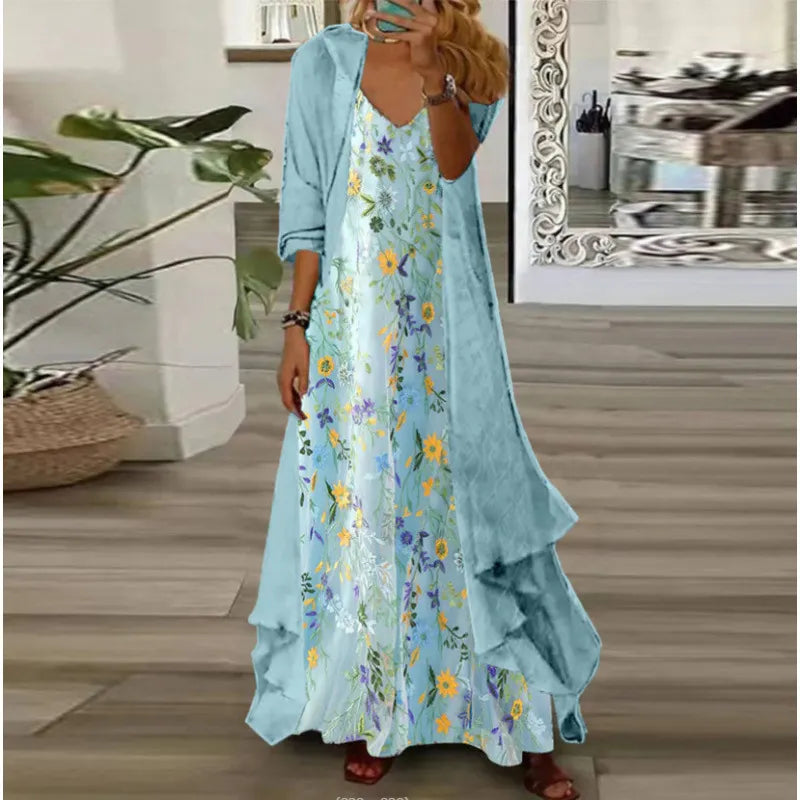 Printed V Neck Cami Long Dress