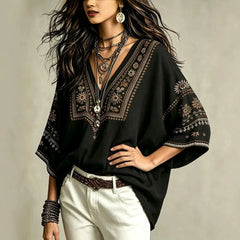 Boho Leaf Print V Neck Blouse | 3/4 Kimono Sleeve Loose Casual Tunic Top