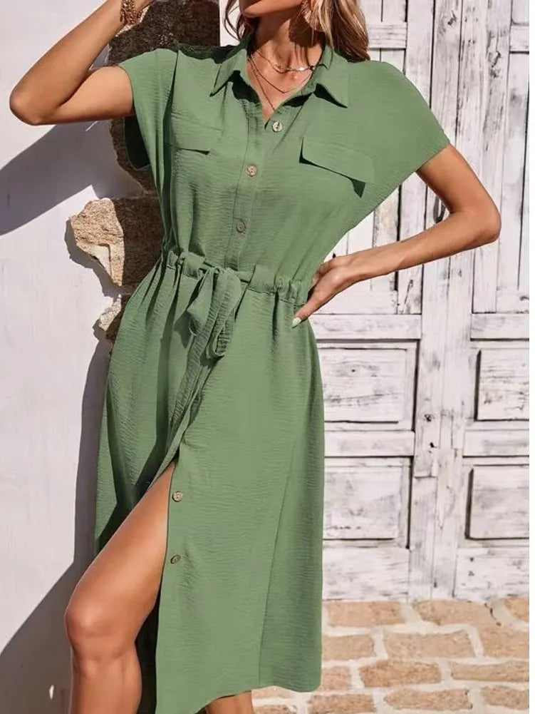 Green Tie-Waist Button-Front Shirt Maxi Dress