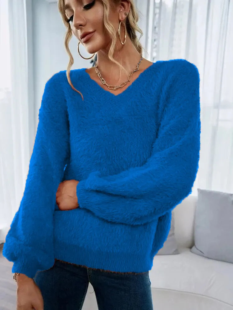 Bright Orange Furry V Neck Sweater Ladies Balloon Sleeve Soft Casual Fall Knit Top
