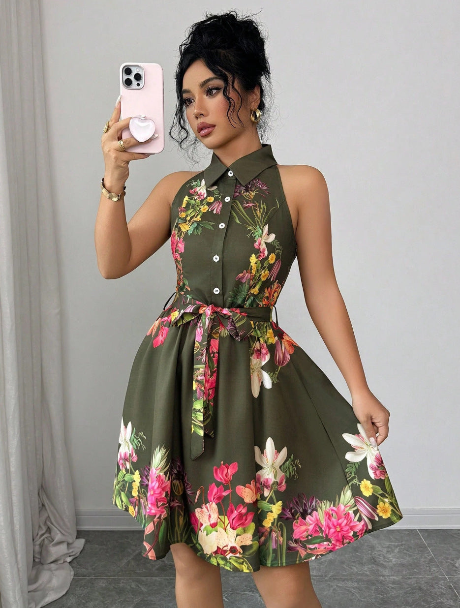 Black Floral Halter Neck A-Line Midi Dress