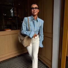 Blue Brown Vertical Stripe Button Down Shirt, Collared Long Sleeve Loose Blouse