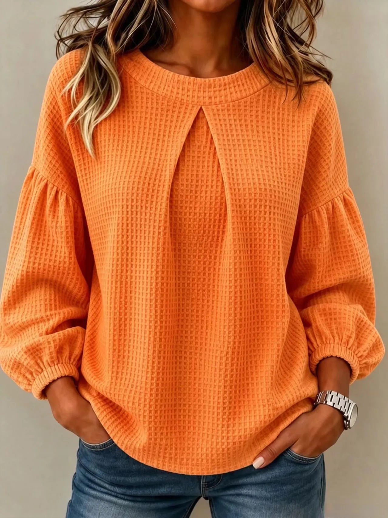 Waffle Knit Round Neck Blouse Pleated Front Balloon Long Sleeve Loose Casual Top