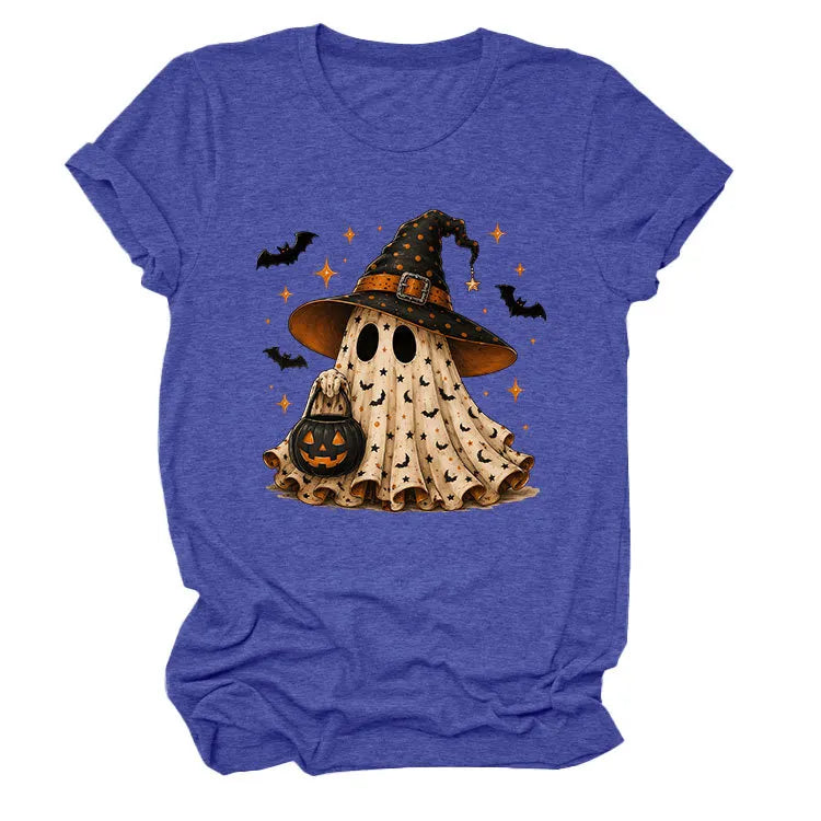 Halloween Ghost Witch Bat Print Crew Neck Short Sleeve T‑Shirt